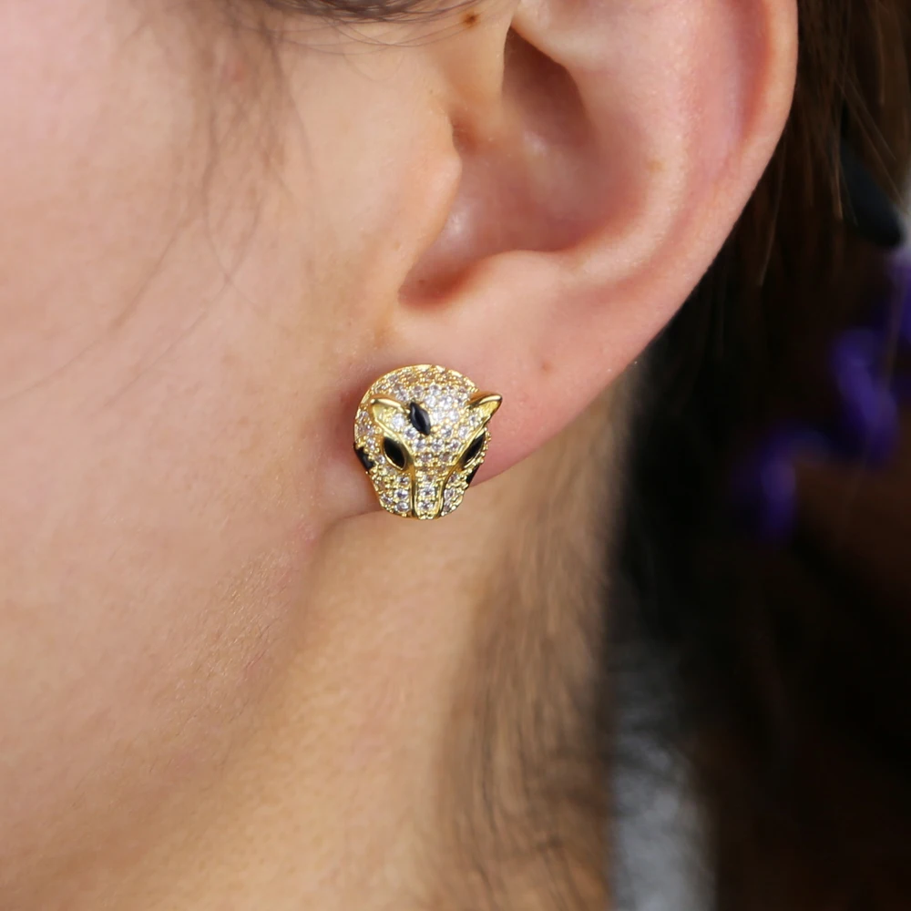 Gold color white black cz paved cool animal design leopard jaguar stud earring for women