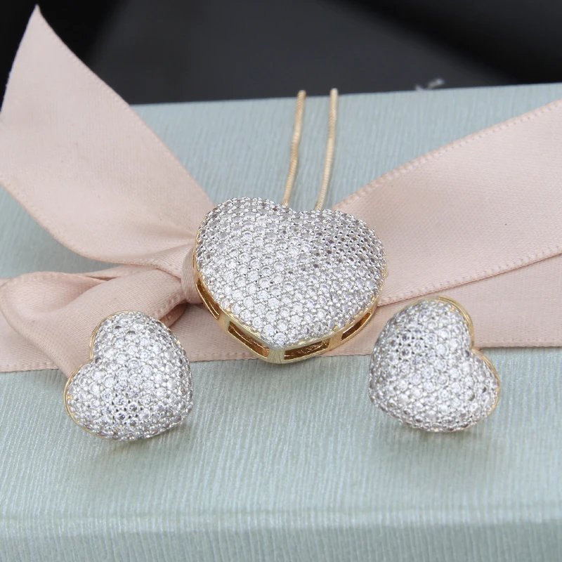 SUNSLL Fashion Heart Multicolor Cubic Zirconia Pendant Necklaces And Stud Earrings For Women Girls Love Party Jewelry Sets
