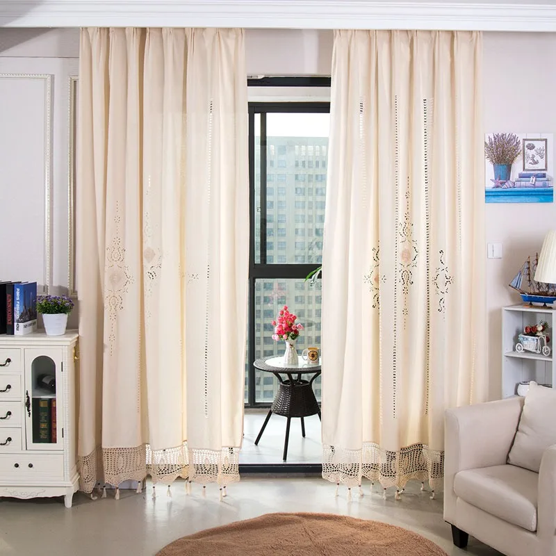 Linen Hollow Solid Curtain Handmade Crochet Bottom Stitching 70% Blackout Window Curtain Customizable for Living Room