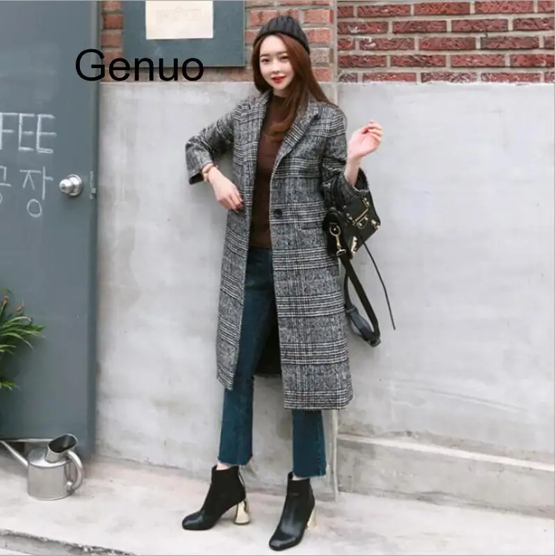 Women Wool Coat Plaid Women Loose Long Single Breasted Woolen Coats Spring Coat Woolen Overcoat Autumn Wool Jackets Trench