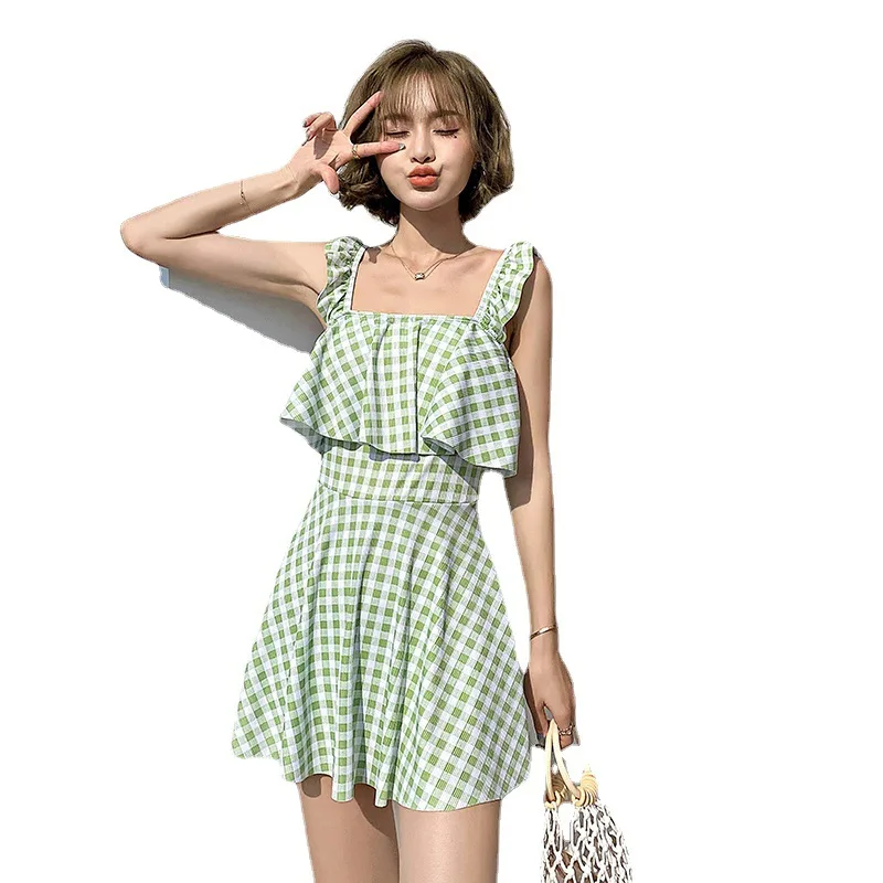 Women Korean Sexy High Waist Swimwear Plaid One Piece Swimsuit Female Slim Backless Camisole Monokini Bathing Suit