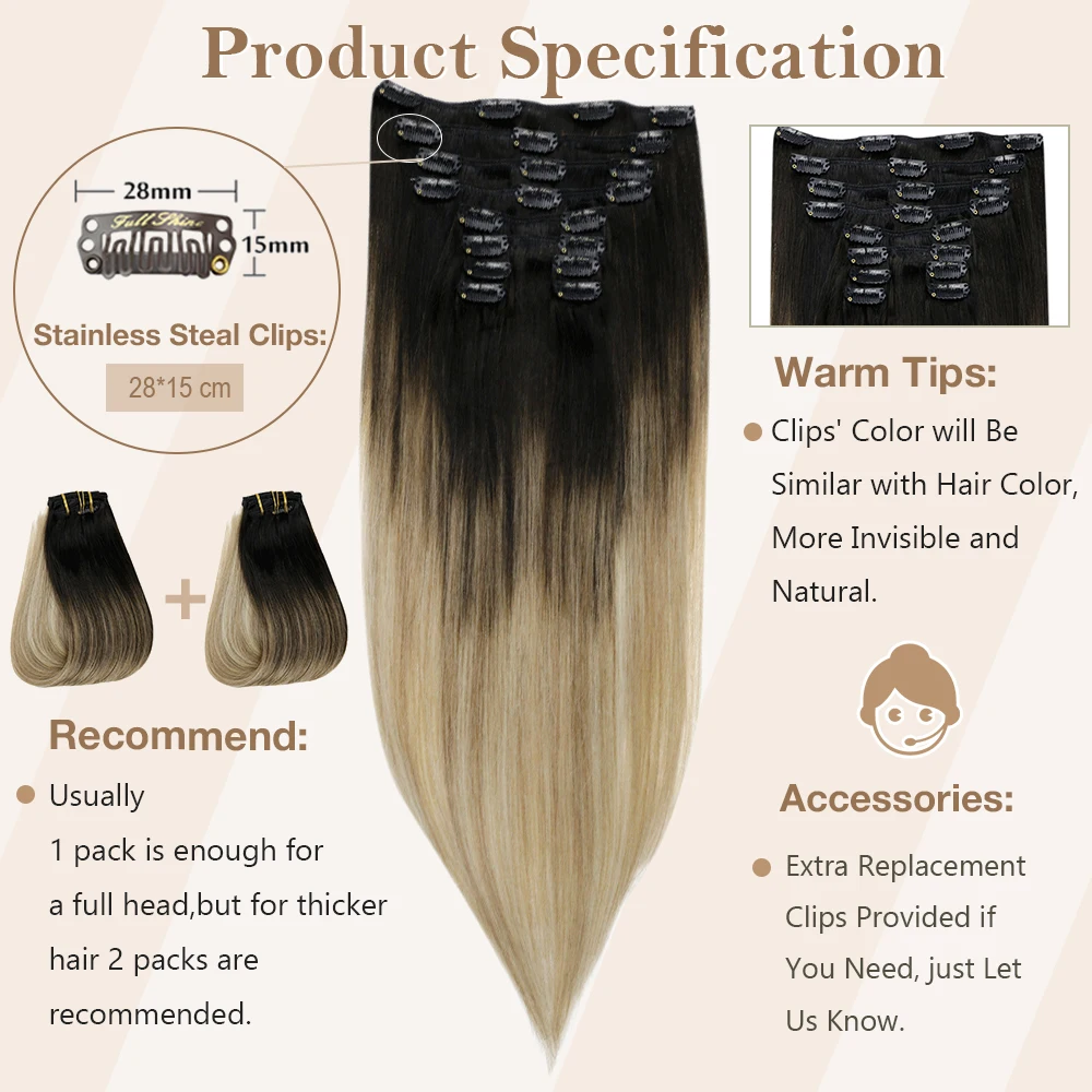 Full Shine Clip In Human Hair Extensions Balayage Ombre Blonde Black Hairpins 7pcs 120g Double Weft 100% Machine Remy For Woman