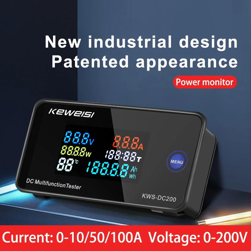 KWS-DC200 Digital Voltmeter 00-200V Voltage Seven Functions Power Energy Meter LED Color Display Wattmeter 0-10/50/100A