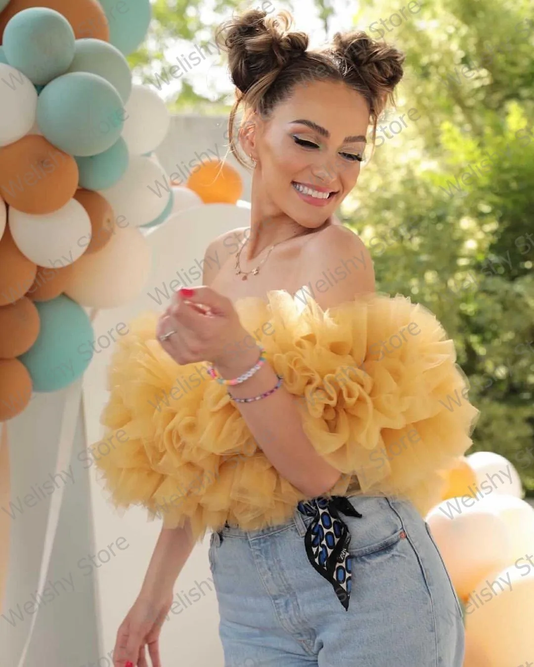 Luksusowy styl bez ramiączek Puffy potargane krótkie Party Tulle topy dość żółte dziewczyny Ruffles plisowane tiul Top kobiety wykonane na zamówienie