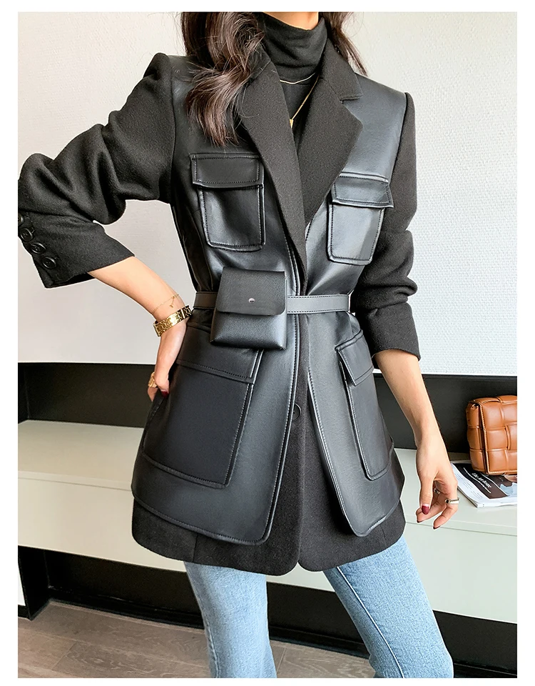Nerazzurri Autumn Black Wool Blends Patchwork Leather Jacket Women with Many Pockets Long Sleeve Korean Fashion Streetwear 2022