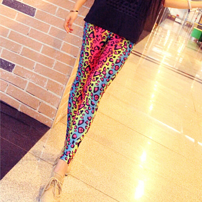 Fashion Personality Women\'s Leggings Spandex Rainbow Gradient Colourful Leopard Print Thin Elasticity High Waist Pants