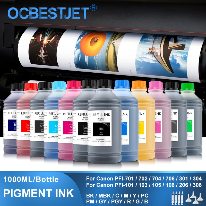 12×1000ML Pigment Ink For Canon PFI 701 702 703 704 706 PFI-8706 101 103 105 106 206 306 301 Waterproof Colorful