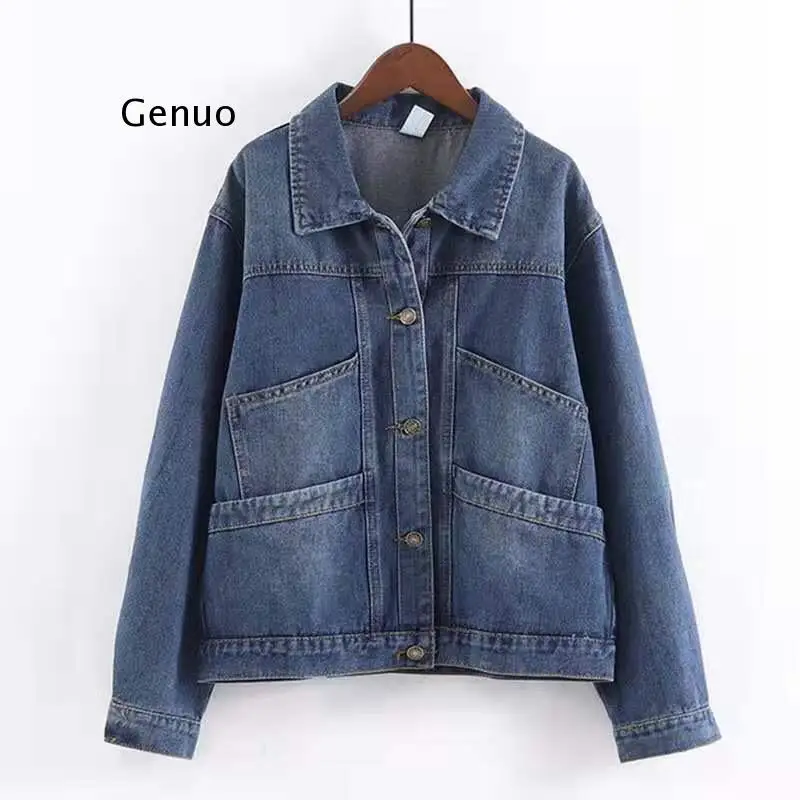 Solid Turn-Down Collar Jean Jacket for Women Loose Casual Pocket Women Coats Female Outwear Denim Oversize