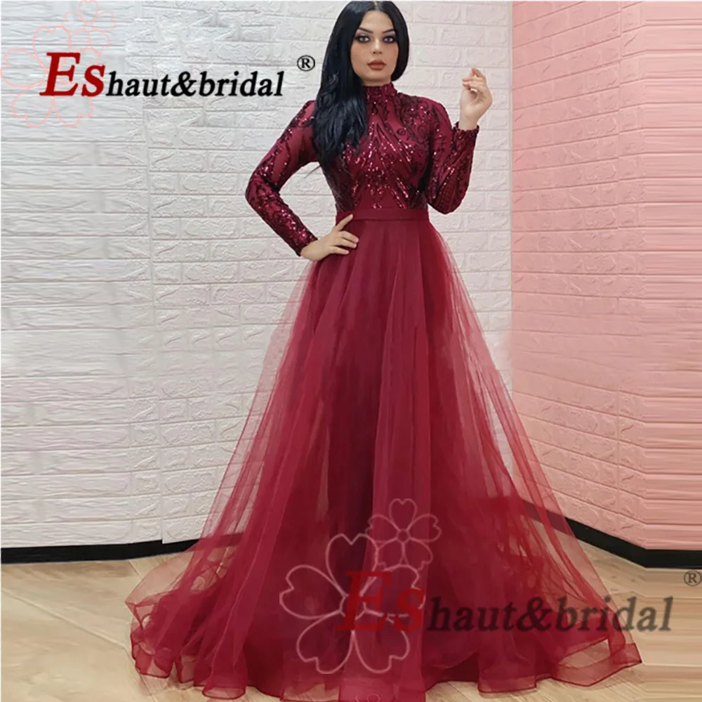 Elegante Moslim Dubai Avond Nacht Jurk Voor Vrouwen 2023 Hoge Hals Lange Mouwen Sequin A-lijn Formele Prom Wedding Party Jurken