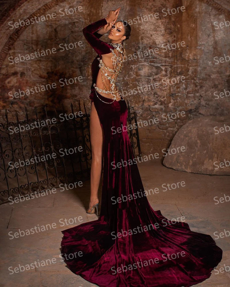 Luxury Crystals Back Evening Dresses With Long Train   Velvet High Split High Neck Long Sleeves Mermaid   Ruffles Prom Gown