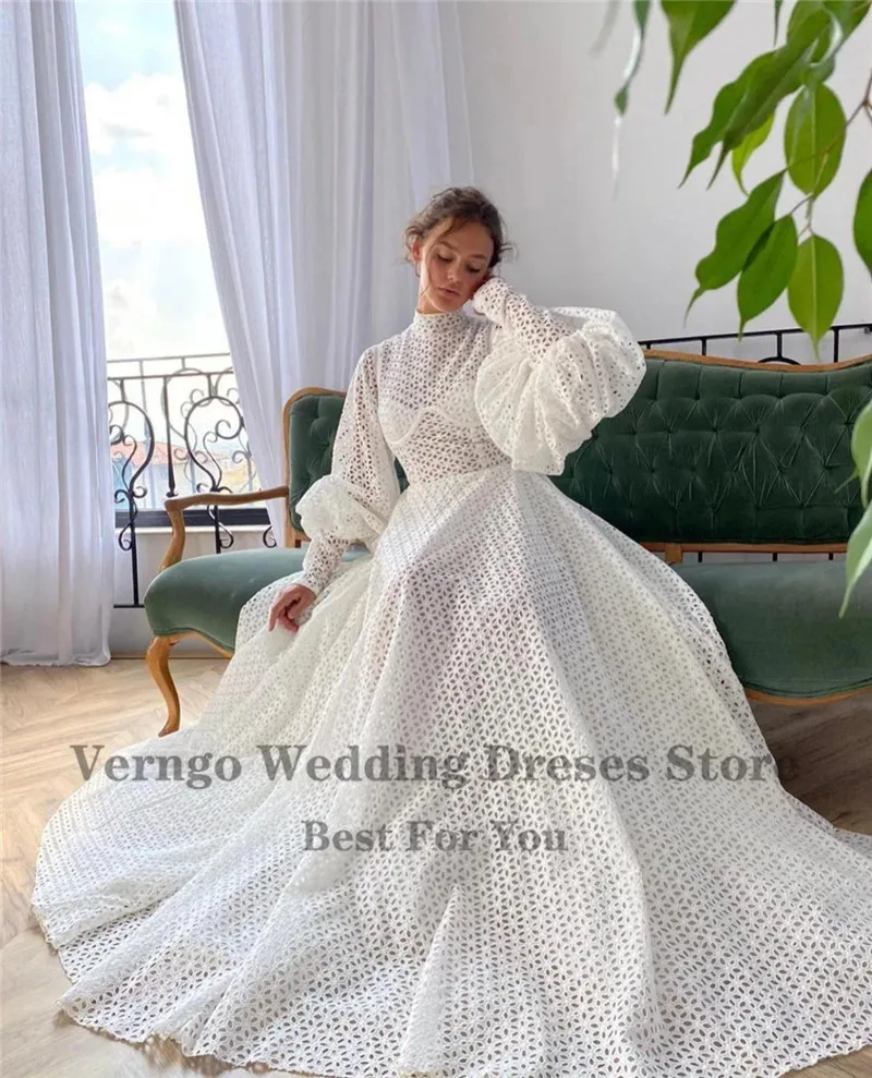 Verngo-vestido de Novia de encaje completo, nuevo diseño, línea A, cuello alto, mangas largas abullonadas, Princesa, 2023, 2021