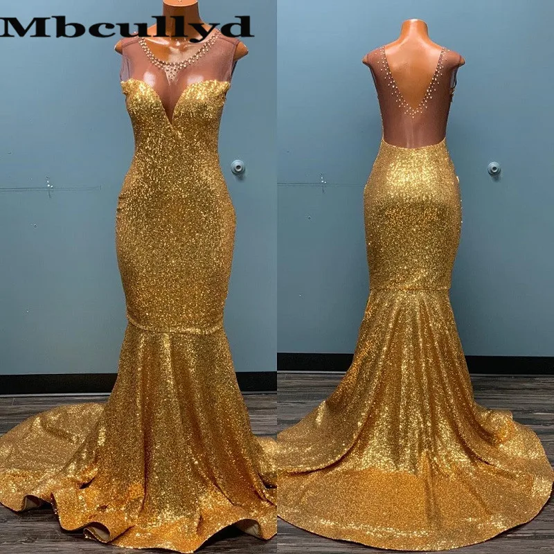 Mcullyd – robe de bal de forme sirène, dorée, à paillettes, longue, col rond, robe de soirée, pour la remise des diplômes, africaine, 2023