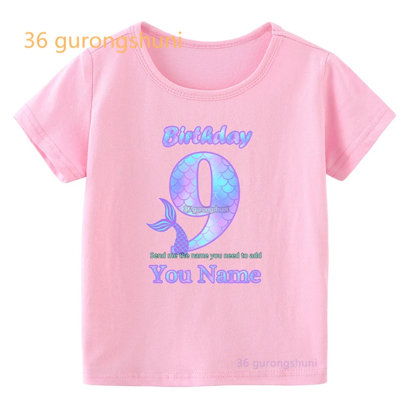 Tshirt Girl 3 4 5 6 8 year Mermaid Cartoon T Shirt Happy Birthday Girls Tops Kids Clothes Shirts children Clothing Pink T-shirts