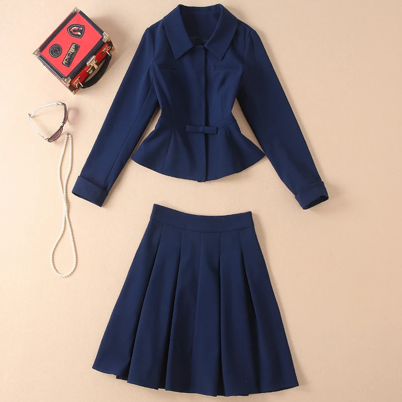 High Quality Autumn Casual Party Workplace Navy Blue Jacket Suit Mini Half Skirt Vintage Elegant Chic Two-piece Set Women\'s Sets