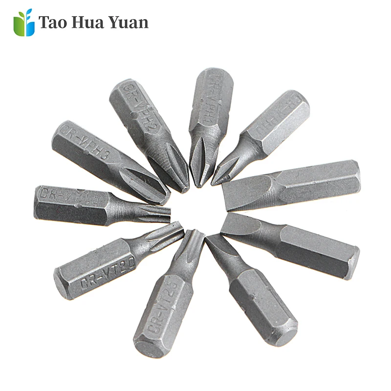 10Pcs 25mm Slotted/PH/Torx Cross bit drill Head Screwdriver Bits Hand Tools Anti Slip Electric Hex Shank Screwdriver Drill Bit A