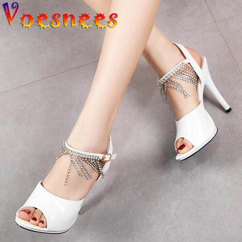 Chain Fringe Decoration Women Heels Seven Colors Sandals Peep Toe Front Rear Strap Walk Show 11CM Super Thin High Wedding Shoes