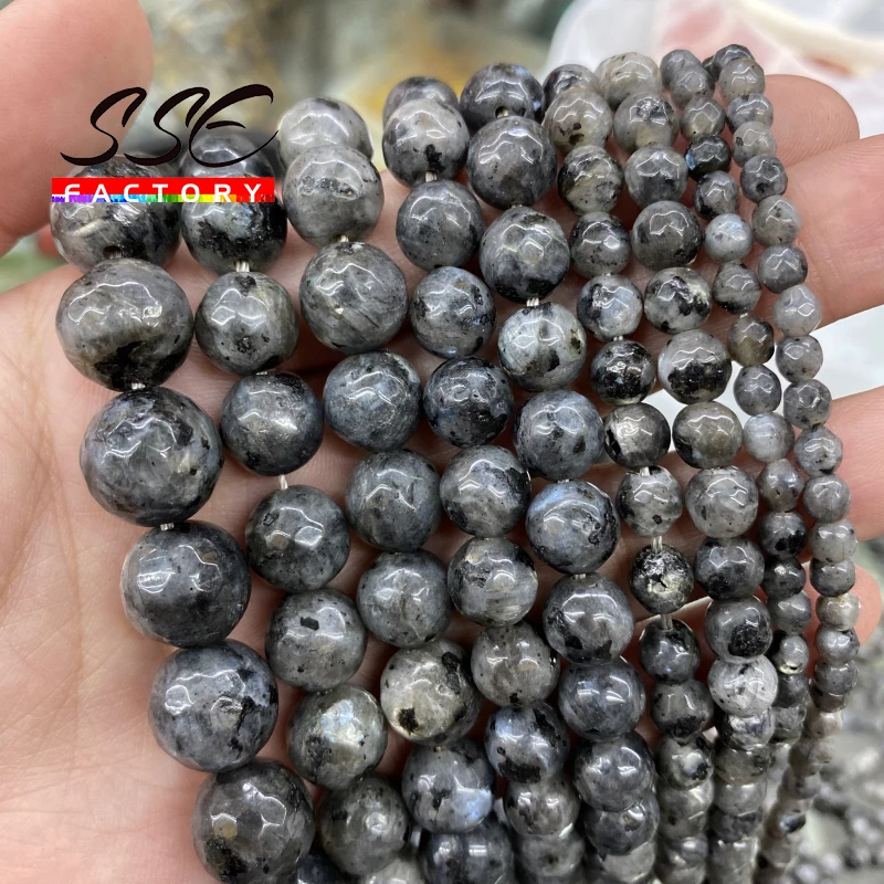 

Faceted Black Labradorite Larvikite Stone Beads Round Loose Beads For Jewelry Making DIY Bracelets Accessories 4 6 8 10 12mm 15"