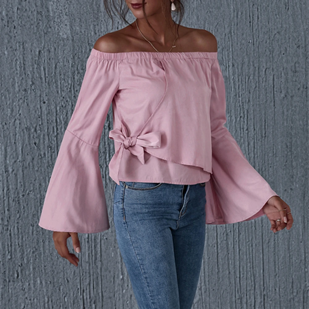 Pdfmily różowy Off Shoulder Casual bluzki i bluzki kobiety solidny bandaż długi, rozszerzony rękaw koszule muszka talia luźna bluzka damska