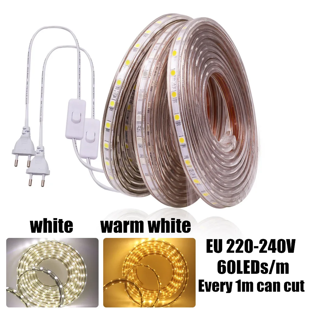 5050 RGB Led Strip Light EU 220V 240V Waterproof WIFI Bluetooth Control White/Warm White 60Leds/m Flexible LED Tape Lamp 1-20M