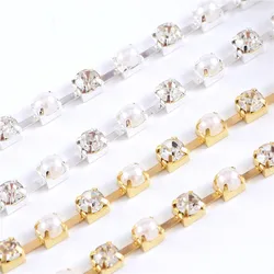 New 4mm Crystal Glass ABS Pearl Rhinestone Chain with Silver Base Faltback Sewing Accessories for  Garment Bags decorations