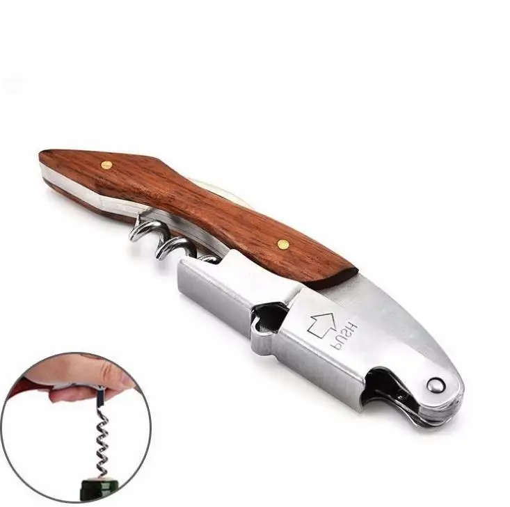 

50pc Wood Stainless Steel Cork Screw Multifunction Hippocampal Red Wine Opener Shrimp Knife Beer Cap Can Bottle Opener Wholesale