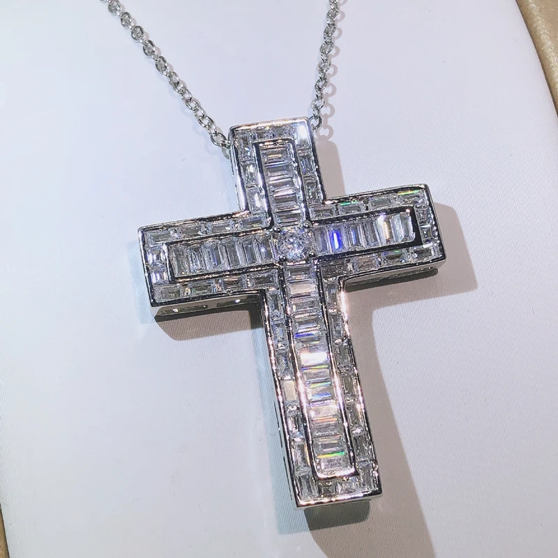 Luxury Jewelry 925 Sterling Silver Cross Pendant Lucky Princess AAAAA+ Cubic Zirconia CZ Party Women Wedding Necklace