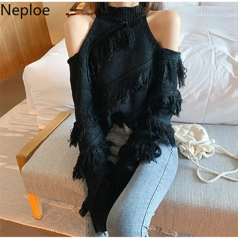 Neploe Sexy Lady Sweater Women Hollow Out Off Shoulder Knitted Cropped Pullovers Chic Tassels Jumper Sueter Fall 2023 Woman