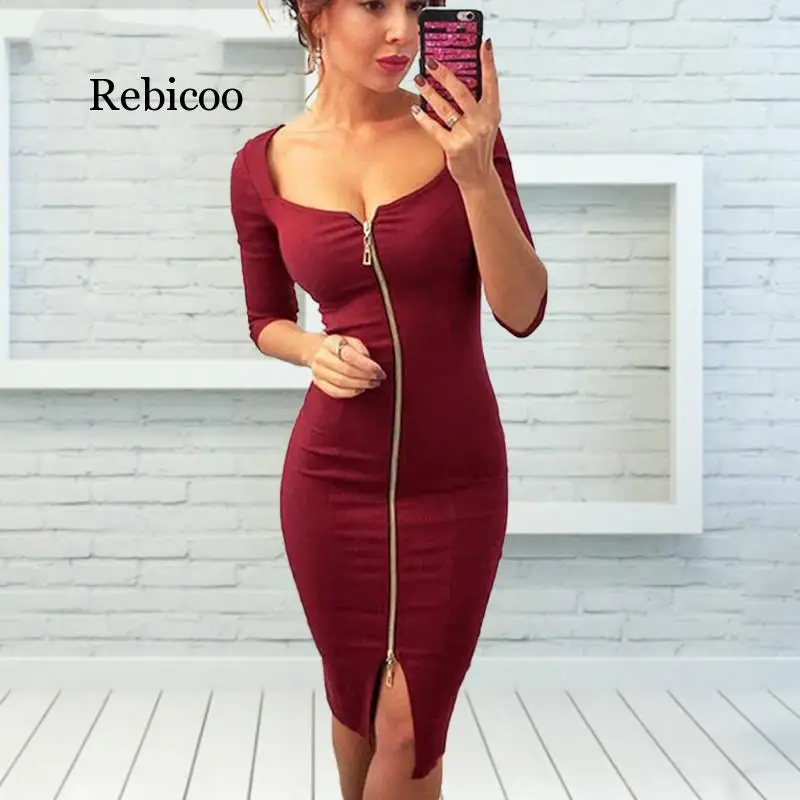 Women Sexy Club Low Cut Bodycon Dress Red Velvet Sheath  Casual Autumn Winter Zipper Fashion Black Pure Dresses