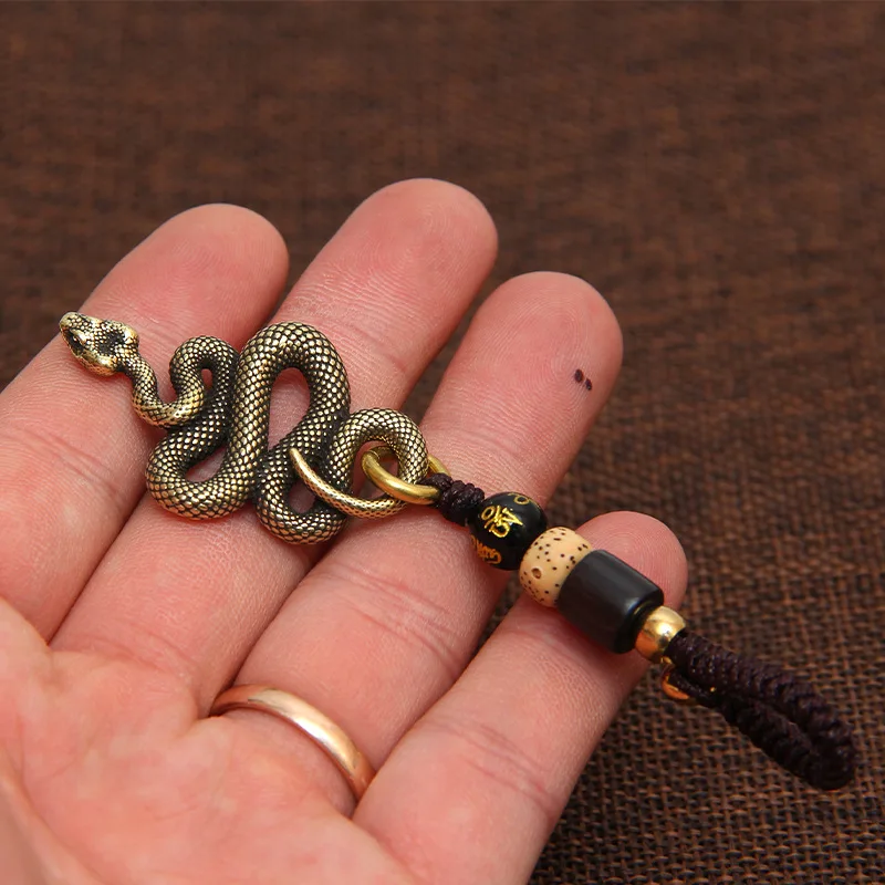 Brass Metal Snake Pendant Necklace Men Retro Handmade Rope Key Chain Animal Cobra Keychain Multitool Bag Lanyard Hanging Jewelry
