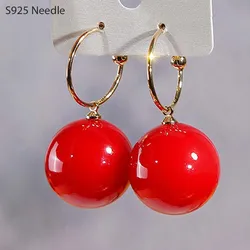 Real 925 Sterling Silver Needle Hoop Earrings for Women Jewelry Gold Red Pearl Wedding Party Female Round Ball Earrings