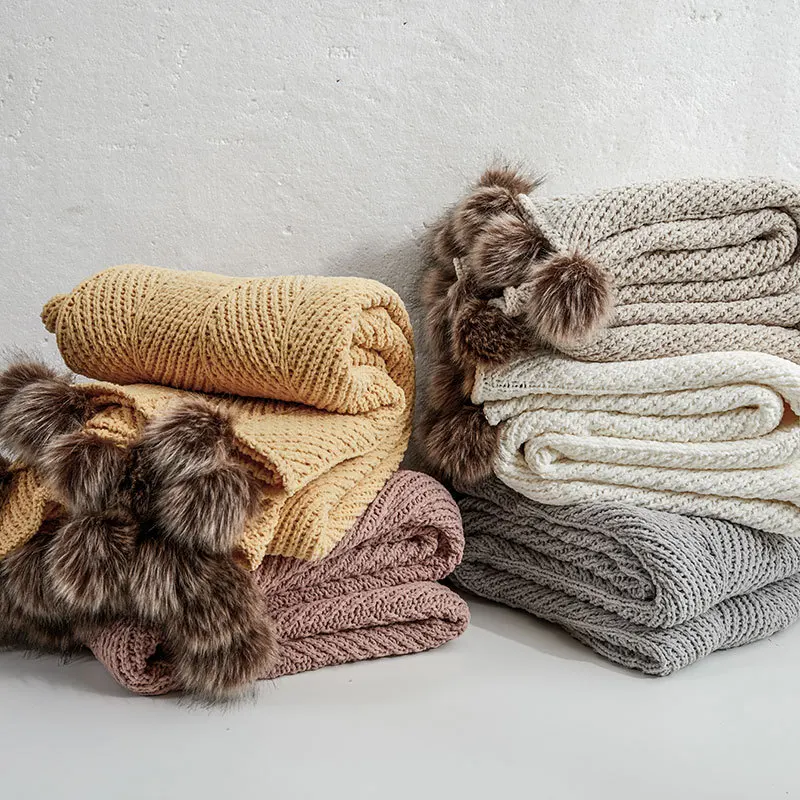 Solid Knitted Blankets With Hairball For Beds Throw Winter Bed Sofa Cover Bedspread Soft 130*160cm Office nap Blankets