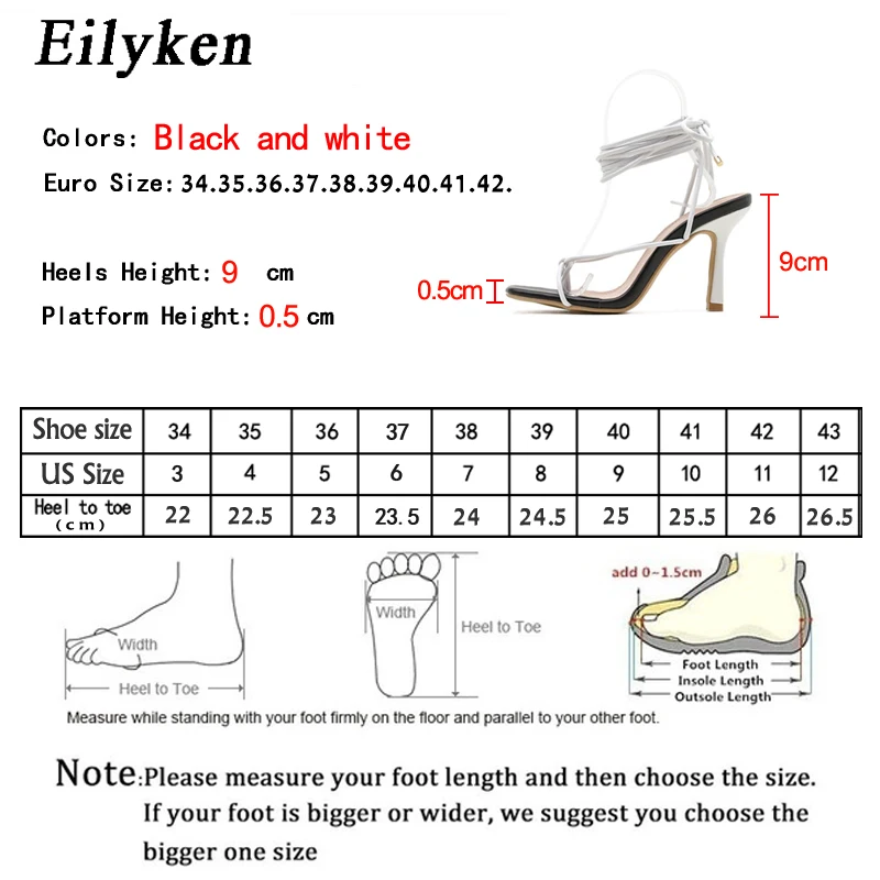 Eilyken New Fashion Sexy sznurowane damskie sandały z kwadratowym noskiem cienki obcas z krzyżem wiązane buty imprezowe wysoki obcas 9CM czarny