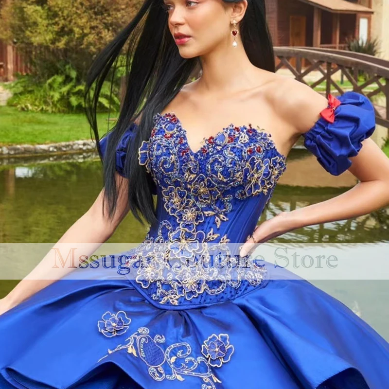 2021 lusso blu senza spalline abiti Quinceanera abito da ballo Sweetheart Appliques dolce 16 abiti da 15 Anos 2021