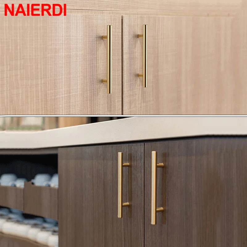 NAIERDI-Poignée de meuble noire en acier inoxydable, barre en T, poignée de cuisine en or brossé, nervure d'armoire avec vis en bambou découpable, 20 pièces