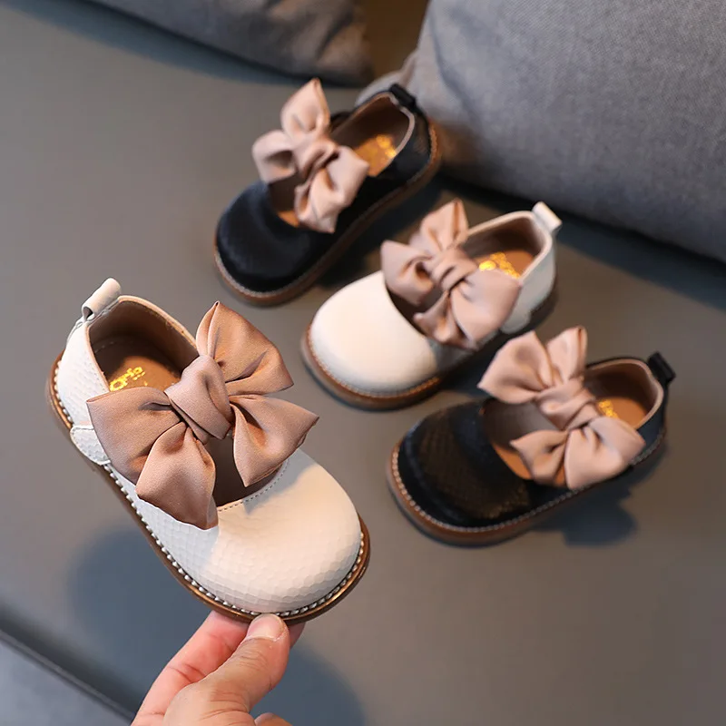 13.5-18.5cm Brand Children Solid Pure Shoes Girls Leather Shoes Lace Bow-knot Sweet Soft Shoes Princess Dress Shoes For Wedding