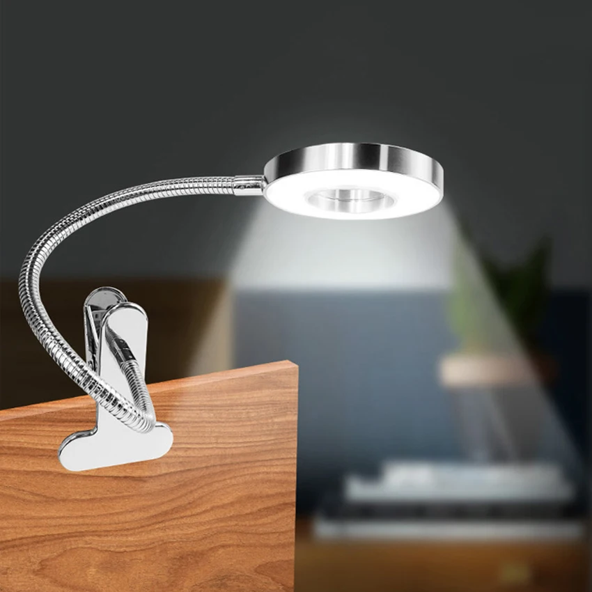 Clip-on LED Reading Light, Desk Clamp Lamp, 360 Degree Flexible Neck, White, 3-Color Light for Desk, Computer, Office