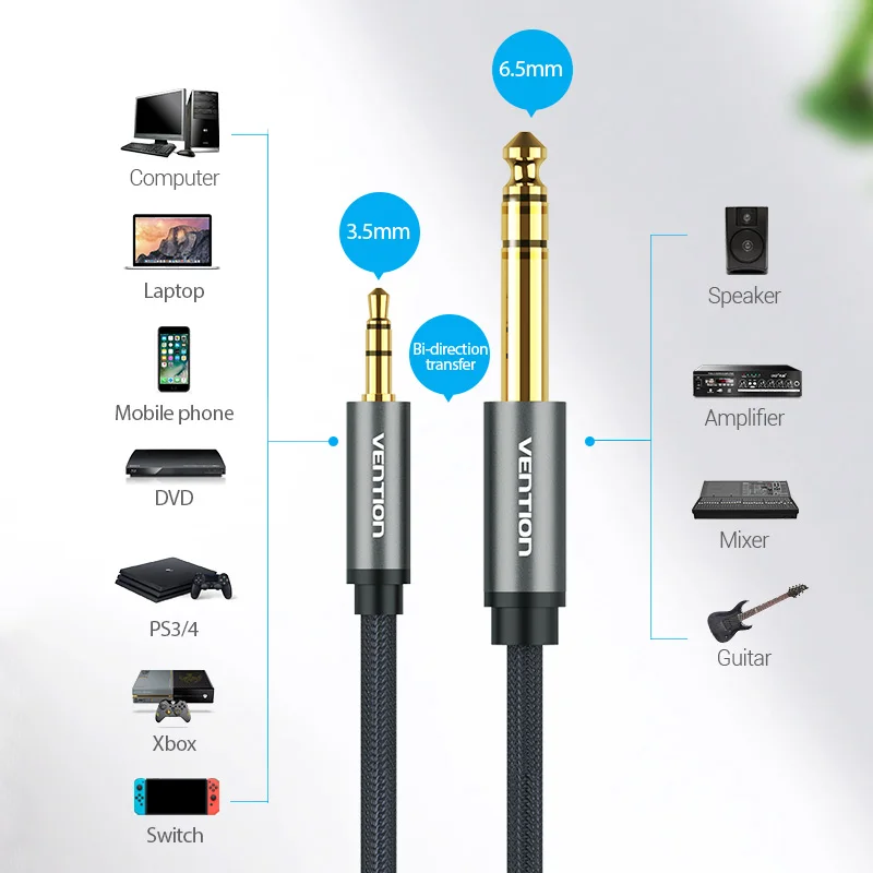 Vention-Aux 케이블 3.5mm ~ 6.35mm 오디오 케이블 잭 기타 믹서 앰프 CD 플레이어 스피커 용, 3.5 ~ 6.5 Male to Male Aux 코드