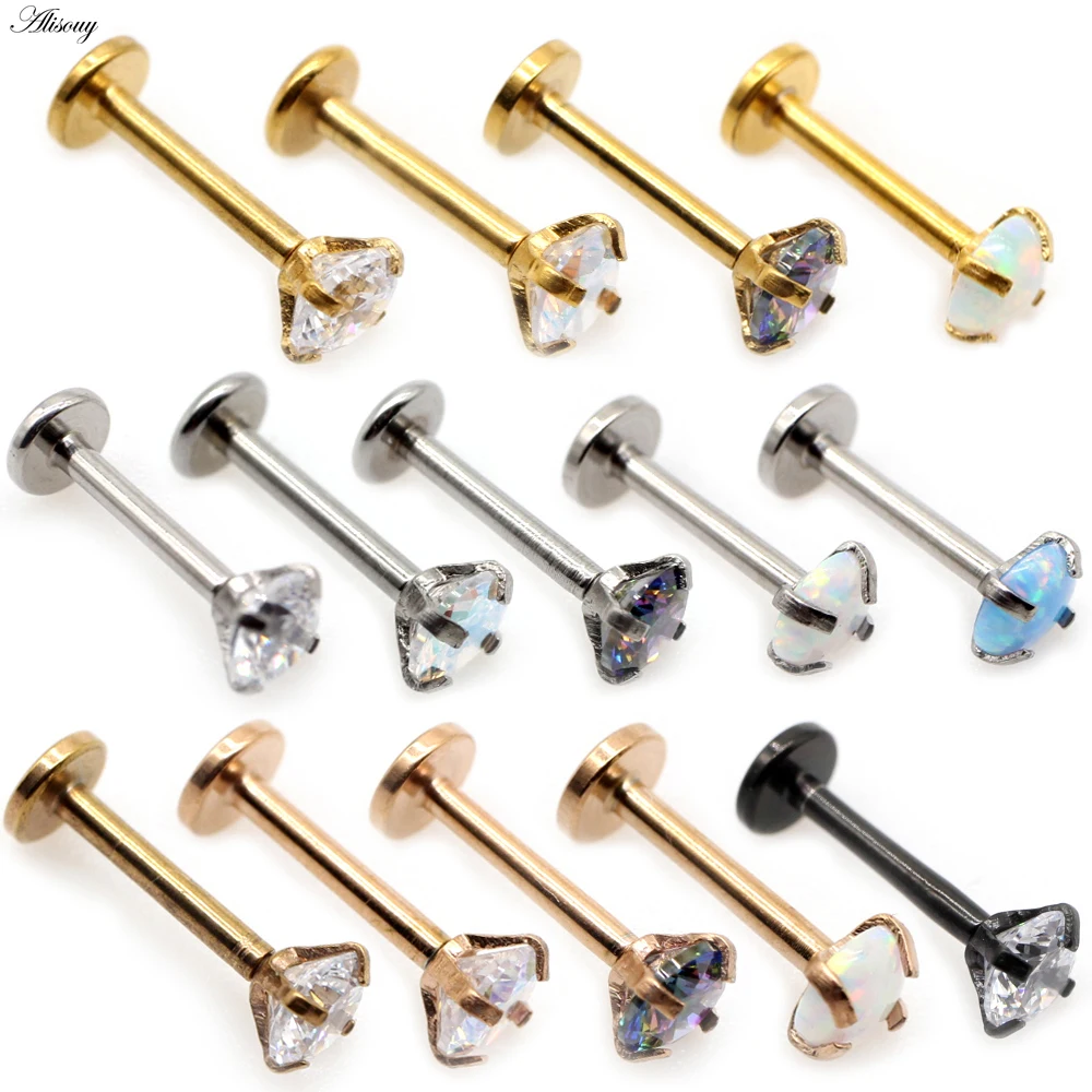 Alisouy 1pc Internally Threaded Prong Round Opal Zircon flat bottom Labret Stud Ear Tragus Cartilage Earring Lip Ring Piercing