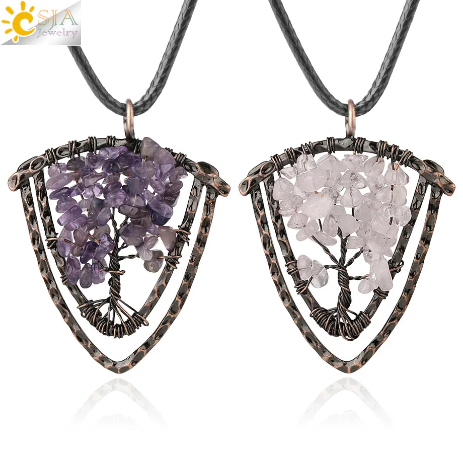 CSJA Handmade Natural Stone Pendants Necklaces for Men Tree of Life Wire Wrap Chip Beads Vintage 7 Chakra Crystal Jewelry G329