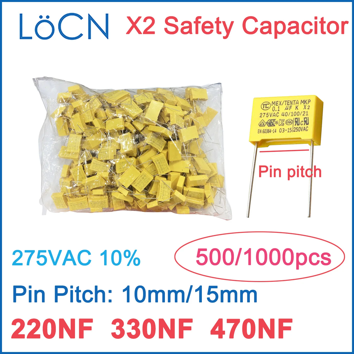 

X2 Safety Capacitor 10mm 15mm 220NF 330NF 470NF 275VAC 0.22UF 224 0.33UF 334 0.47UF 474 10% K 500PCS 1000PCS