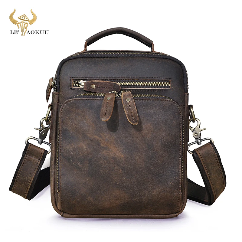 

New Crazy Horse Leather Male Vintage Design Messenger bag Travel Fashion Cross-body Bag 10" Tablet Tote Mochila Satchel bag 8059