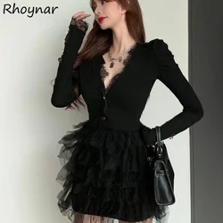 Dress Women Autumn New French Style Sexy Mesh Mini V-neck Lace Low-cut Stylish Casual Fashion Vestido Feminino Aesthetic Korean