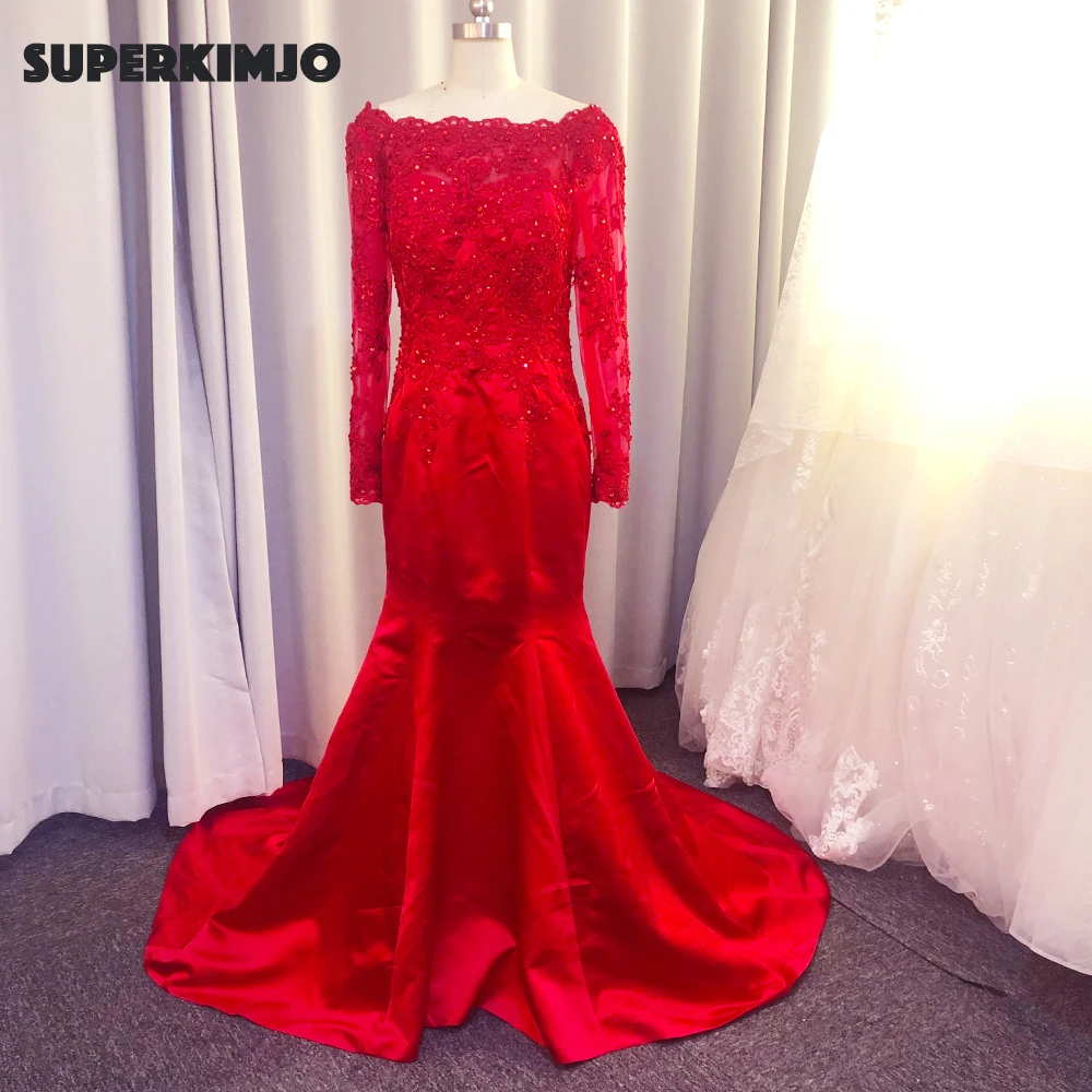 Real prom-Vestidos de Fiesta rojo, manga larga, Apliques de encaje, perlas, sirena, satén, vestidos de noche, 2020