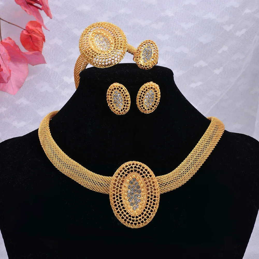 

4k Ethiopian Gold Color Jewelry Set For women Zircon Bangles Necklace Earring Ring Dubai Gifts African Wedding Bridal Set