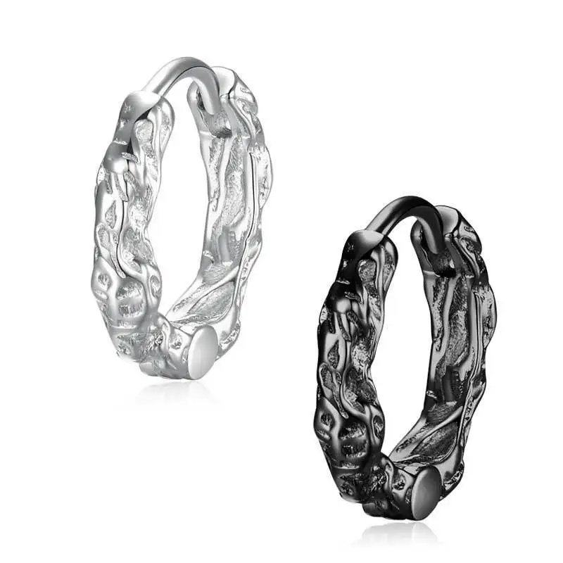 KOFSAC Vintage Black Irregular Texture Hoops Men Jewelry 925 Sterling Silver Earrings For Women Hip-Hop Party Accessories Gifts