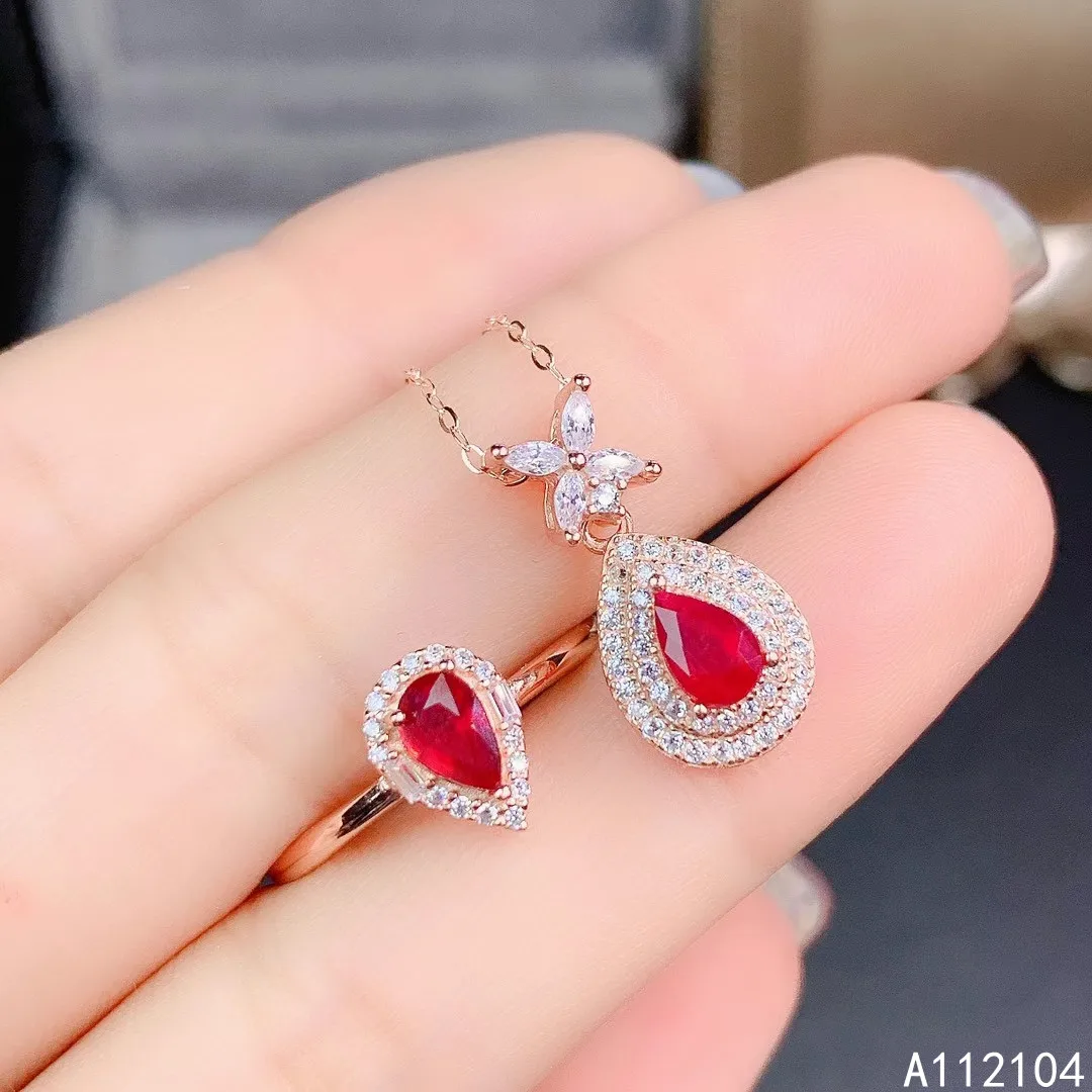 

KJJEAXCMY Fine Jewelry 925 Sterling Silver Inlaid Natural ruby women's trendy fashion water drop Ring Pendant suit Support detec