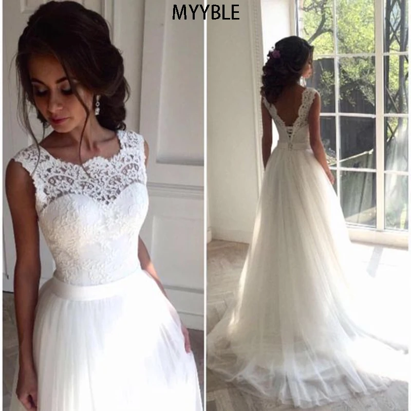 

MYYBLE New Lace O-Neck Lace Tulle Boho cheap Wedding Dresses Summer Beach Bridal Gown Bohemian Wedding Gowns robe de mariage