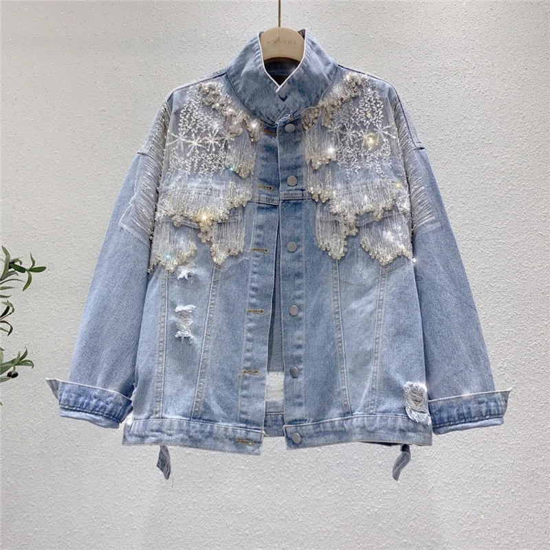 

2022 Spring New Denim Jacket Women's Hole Heavy Industry Tassel Diamond Rivet Disc Buckle Loose Jeans Jacket Clothes Retro