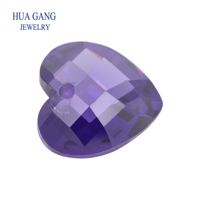 Purple Heart Shape Cubic Zirconia With Hole Double Checkboard Loose CZ Stone Synthetic Gems Beads For Jewelry 4x4-12x12mm