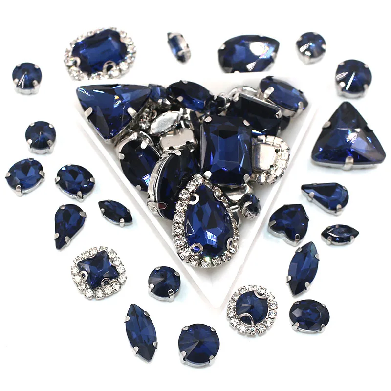 50pcs/Bag Ink-blue Mixed Shape Sew on Glass Rhinestone Silver Claw and Crystal Buckle Diy Wedding Decoration Clothes/Shoe/Dress